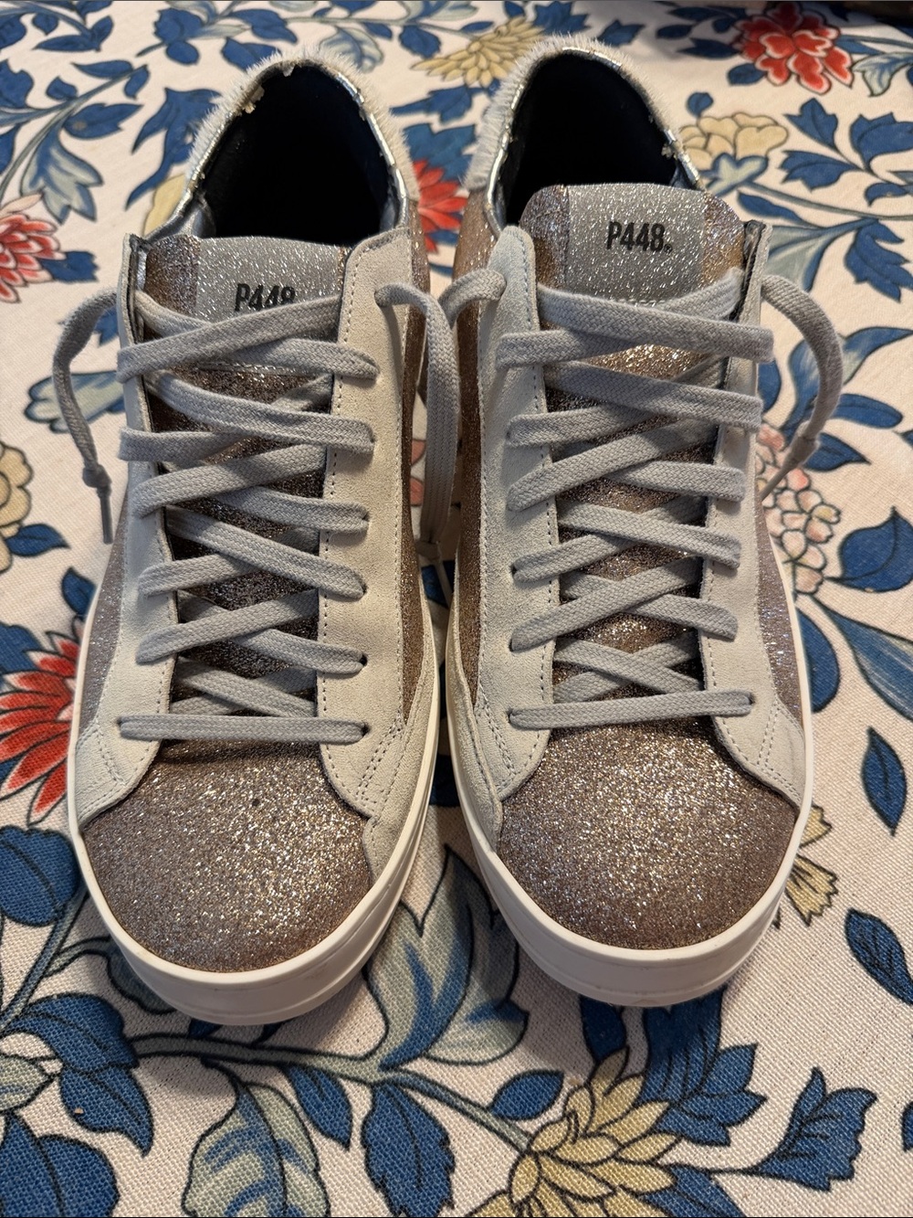 P448 Women’s Low-Top Sneakers in RoseGold Glitter and Light Gray sz 42